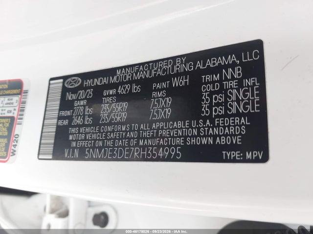 Aukcja sprzedaży 2024 Hyundai Tucson Limited, vin: 5NMJE3DE7RH354995, numer aukcji: 46178026