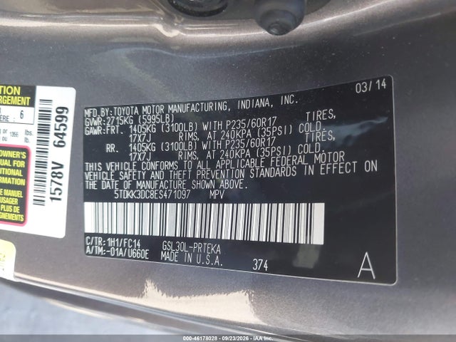 46178028 :رقم المزاد ، 5TDKK3DC8ES471097 vin ، 2014 Toyota Sienna Le V6 8 Passenger مزاد بيع