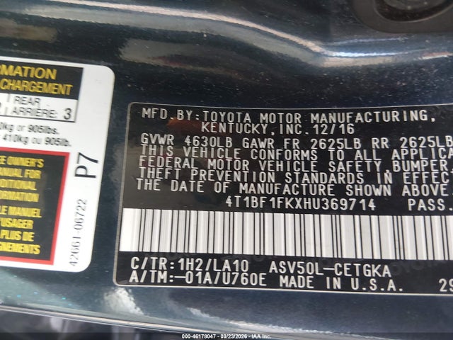 2017 Toyota Camry Xle მანქანა იყიდება აუქციონზე, vin: 4T1BF1FKXHU369714, აუქციონის ნომერი: 46178047