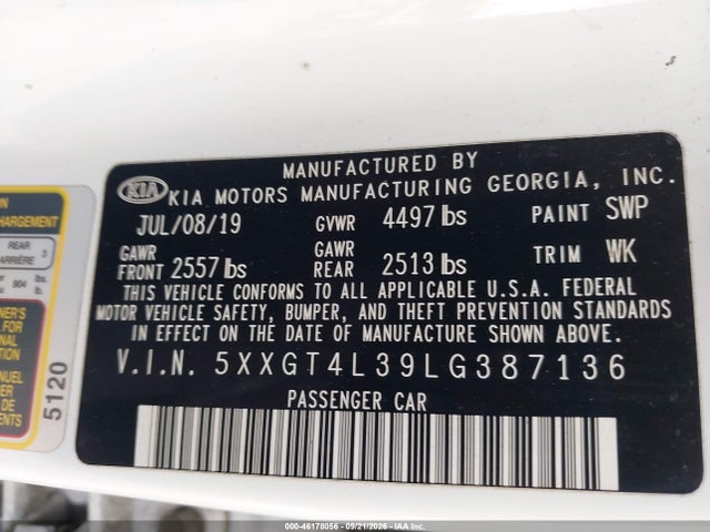 2020 Kia Optima Lx მანქანა იყიდება აუქციონზე, vin: 5XXGT4L39LG387136, აუქციონის ნომერი: 46178056