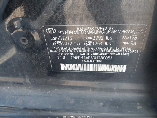 46178065 :رقم المزاد ، 5NPDH4AE5DH280051 vin ، 2013 Hyundai Elantra Gls مزاد بيع