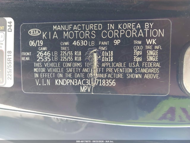 46178078 :رقم المزاد ، KNDPN3AC3L7718356 vin ، 2020 Kia Sportage Ex مزاد بيع
