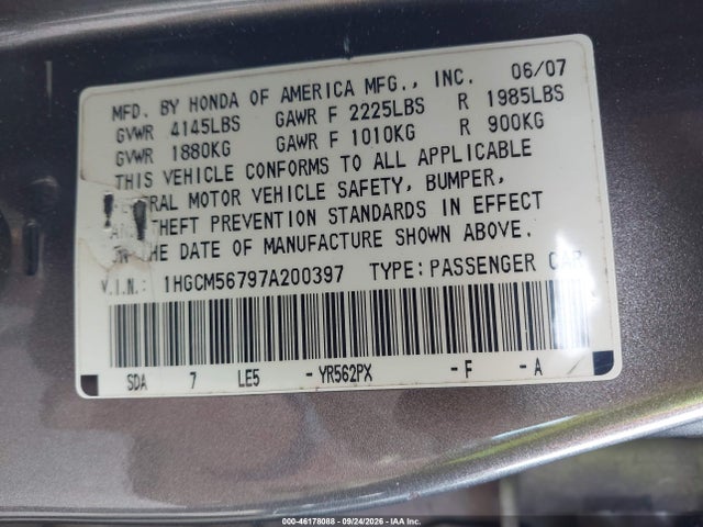 Продаж на аукціоні авто 2007 Honda Accord 2.4 Ex, vin: 1HGCM56797A200397, номер лоту: 46178088