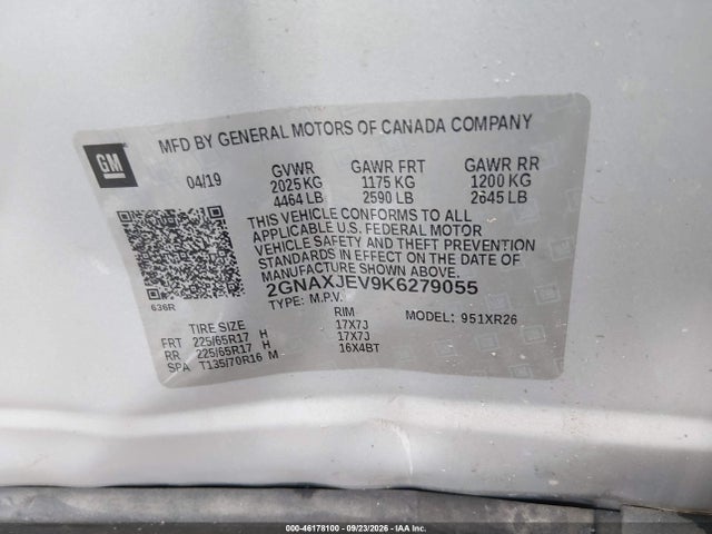 Aukcja sprzedaży 2019 Chevrolet Equinox Lt, vin: 2GNAXJEV9K6279055, numer aukcji: 46178100