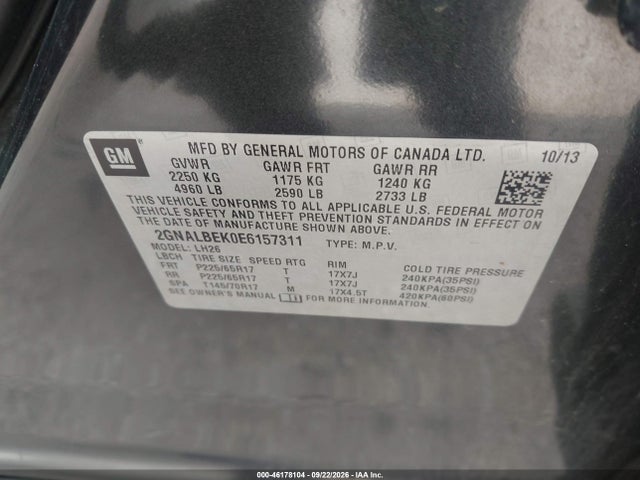 Aukcja sprzedaży 2014 Chevrolet Equinox 1lt, vin: 2GNALBEK0E6157311, numer aukcji: 46178104