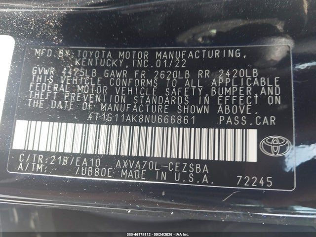 Продажа на аукционе авто 2022 Toyota Camry Se, vin: 4T1G11AK8NU666861, номер лота: 46178112
