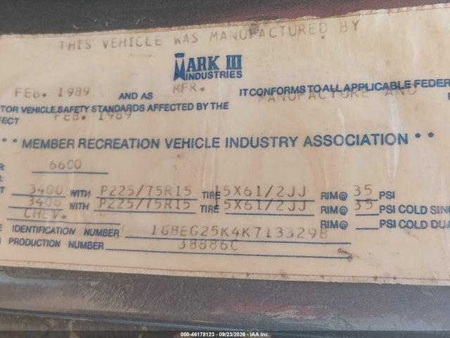 1989 Chevrolet G20 მანქანა იყიდება აუქციონზე, vin: 1GBEG25K4K7133298, აუქციონის ნომერი: 46178123