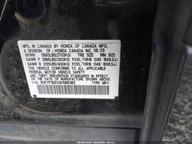 2005 Honda Pilot Ex-l მანქანა იყიდება აუქციონზე, vin: 2HKYF185X5H566362, აუქციონის ნომერი: 46178125