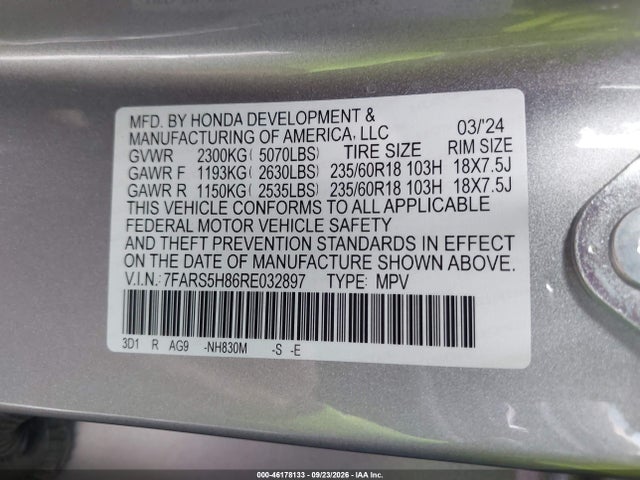 Aukcja sprzedaży 2024 Honda Cr-v Hybrid Sport-l, vin: 7FARS5H86RE032897, numer aukcji: 46178133