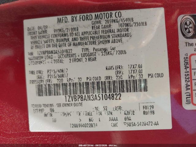2010 Ford Mustang V6/v6 Premium მანქანა იყიდება აუქციონზე, vin: 1ZVBP8AN3A5104822, აუქციონის ნომერი: 46178144