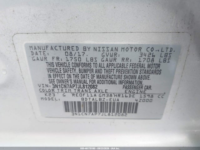 46178160 :رقم المزاد ، 3N1CN7AP7JL812082 vin ، 2018 Nissan Versa 1.6 Sv مزاد بيع