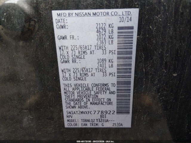 2015 Nissan Rogue Sv მანქანა იყიდება აუქციონზე, vin: 5N1AT2MVXFC778922, აუქციონის ნომერი: 46178190
