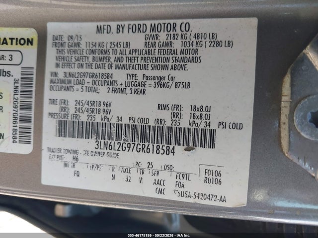 46178199 :رقم المزاد ، 3LN6L2G97GR618584 vin ، 2016 Lincoln Mkz مزاد بيع