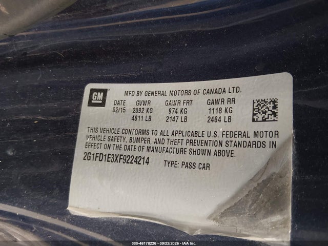 Aukcja sprzedaży 2015 Chevrolet Camaro 1lt, vin: 2G1FD1E3XF9224214, numer aukcji: 46178226