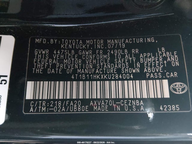 Aukcja sprzedaży 2019 Toyota Camry Le, vin: 4T1B11HKXKU284004, numer aukcji: 46178227