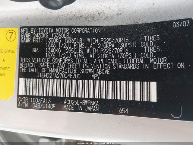Auction sale of the 2007 Toyota Highlander, vin: JTEHD21A270048700, lot number: 46178238