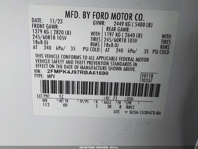 46178246 :رقم المزاد ، 2FMPK4J97RBA61690 vin ، 2024 Ford Edge Sel مزاد بيع