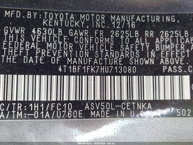 Aukcja sprzedaży 2017 Toyota Camry Le, vin: 4T1BF1FK7HU713080, numer aukcji: 46178272