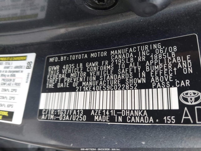 46178284 :رقم المزاد ، 2T1KE40E59C022852 vin ، 2009 Toyota Matrix S مزاد بيع