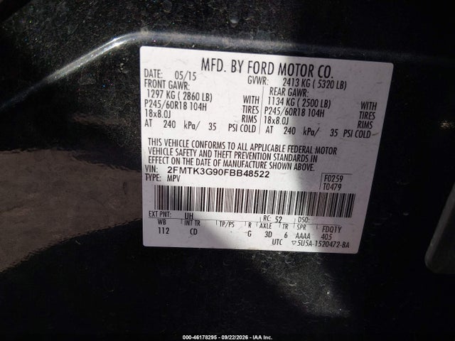 46178295 :رقم المزاد ، 2FMTK3G90FBB48522 vin ، 2015 Ford Edge Se مزاد بيع