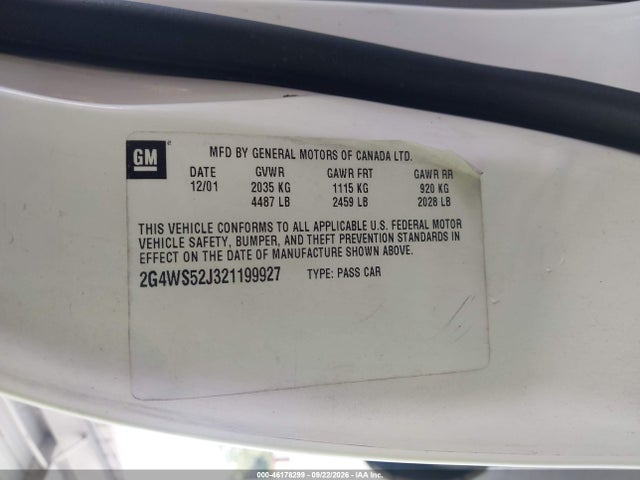 2002 Buick Century Custom მანქანა იყიდება აუქციონზე, vin: 2G4WS52J321199927, აუქციონის ნომერი: 46178299