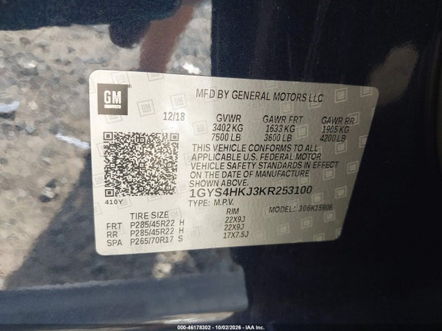46178302 :رقم المزاد ، 1GYS4HKJ3KR253100 vin ، 2019 Cadillac Escalade Esv Luxury مزاد بيع