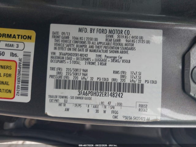 Aukcja sprzedaży 2014 Ford Fusion Se, vin: 3FA6P0HD2ER148242, numer aukcji: 46178326