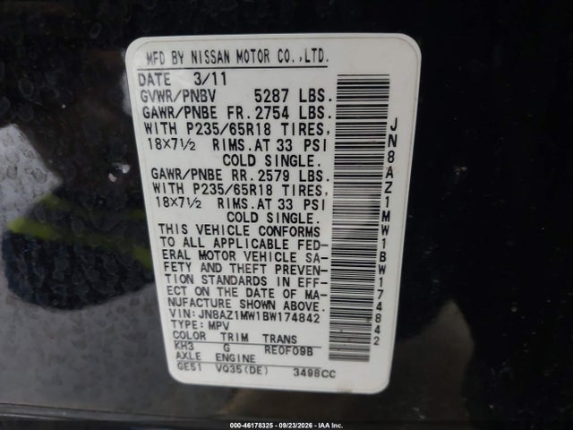 Продаж на аукціоні авто 2011 Nissan Murano Sl, vin: JN8AZ1MW1BW174842, номер лоту: 46178325