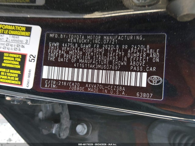 Продаж на аукціоні авто 2021 Toyota Camry Se, vin: 4T1G11AK3MU607697, номер лоту: 46178329