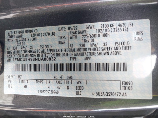 Aukcja sprzedaży 2022 Ford Escape Sel, vin: 1FMCU9H98NUA80832, numer aukcji: 46178341