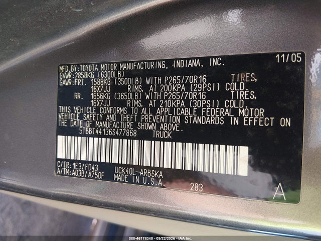 46178340 :رقم المزاد ، 5TBBT44136S477868 vin ، 2006 Toyota Tundra Sr5 V8 مزاد بيع