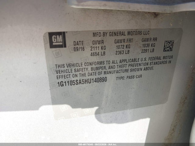 2017 Chevrolet Impala 1lt მანქანა იყიდება აუქციონზე, vin: 1G1105SA5HU140890, აუქციონის ნომერი: 46178345
