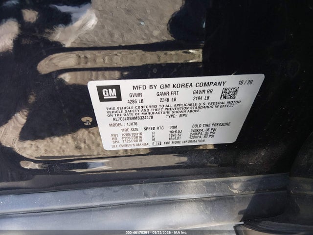 46178361 :رقم المزاد ، KL7CJLSB9MB334478 vin ، 2021 Chevrolet Trax Fwd Lt مزاد بيع