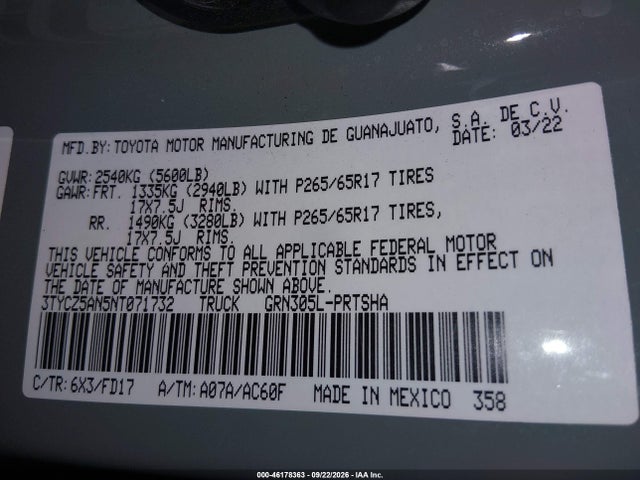 Продажа на аукционе авто 2022 Toyota Tacoma Trd Sport, vin: 3TYCZ5AN5NT071732, номер лота: 46178363