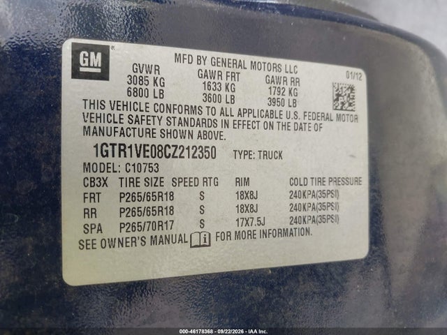 Aukcja sprzedaży 2012 Gmc Sierra 1500 Sle, vin: 1GTR1VE08CZ212350, numer aukcji: 46178368