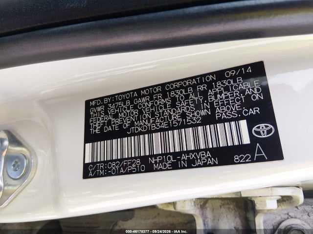 2014 Toyota Prius C Two მანქანა იყიდება აუქციონზე, vin: JTDKDTB34E1571532, აუქციონის ნომერი: 46178377