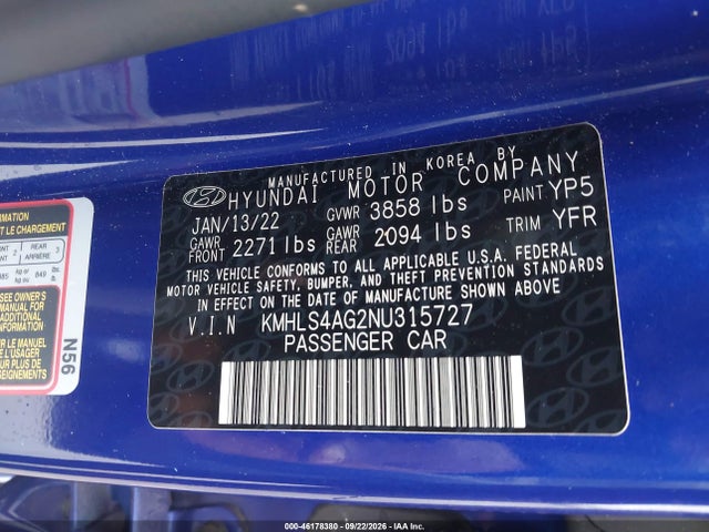 Продаж на аукціоні авто 2022 Hyundai Elantra Sel, vin: KMHLS4AG2NU315727, номер лоту: 46178380