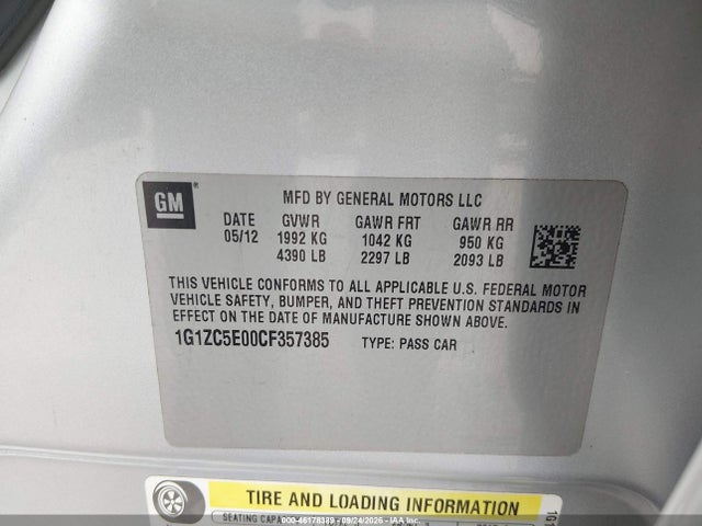 2012 Chevrolet Malibu 1lt მანქანა იყიდება აუქციონზე, vin: 1G1ZC5E00CF357385, აუქციონის ნომერი: 46178389