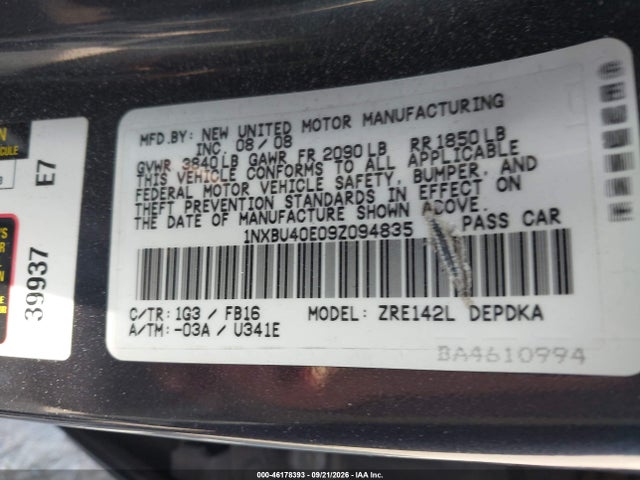 Продаж на аукціоні авто 2009 Toyota Corolla Le, vin: 1NXBU40E09Z094835, номер лоту: 46178393