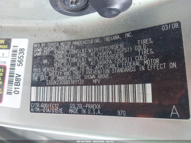 46178403 :رقم المزاد ، 5TDZK23C68S181133 vin ، 2008 Toyota Sienna Le مزاد بيع