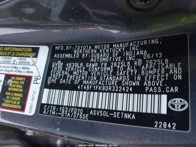 46178406 :رقم المزاد ، 4T4BF1FK8DR322424 vin ، 2013 Toyota Camry Le مزاد بيع