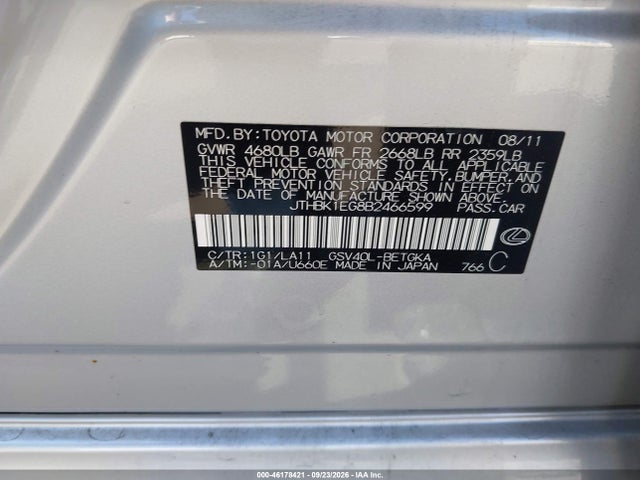 46178421 :رقم المزاد ، JTHBK1EG8B2466599 vin ، 2011 Lexus Es 350 مزاد بيع