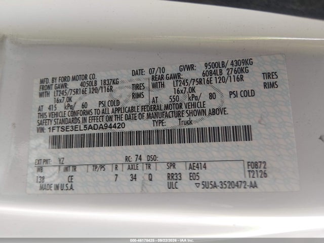 Продаж на аукціоні авто 2010 Ford E-350 Super Duty Commercial, vin: 1FTSE3EL5ADA94420, номер лоту: 46178425