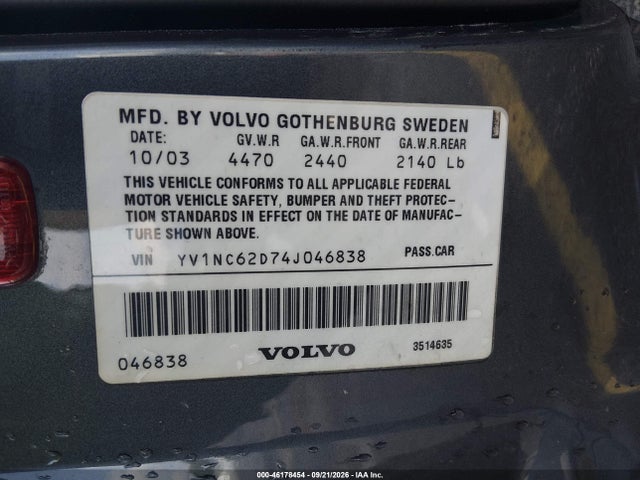 46178454 :رقم المزاد ، YV1NC62D74J046838 vin ، 2004 Volvo C70 Ht مزاد بيع