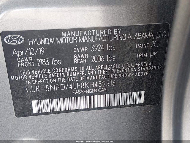 Aukcja sprzedaży 2019 Hyundai Elantra Se, vin: 5NPD74LF8KH489516, numer aukcji: 46178456