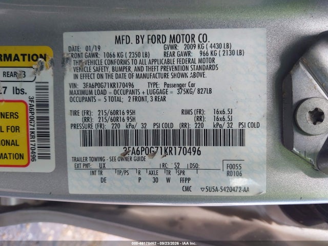 2019 Ford Fusion S მანქანა იყიდება აუქციონზე, vin: 3FA6P0G71KR170496, აუქციონის ნომერი: 46178462