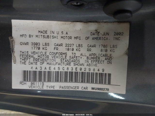 46178464 :رقم المزاد ، 4A3AE45G83E029849 vin ، 2003 Mitsubishi Eclipse Spyder Gs مزاد بيع