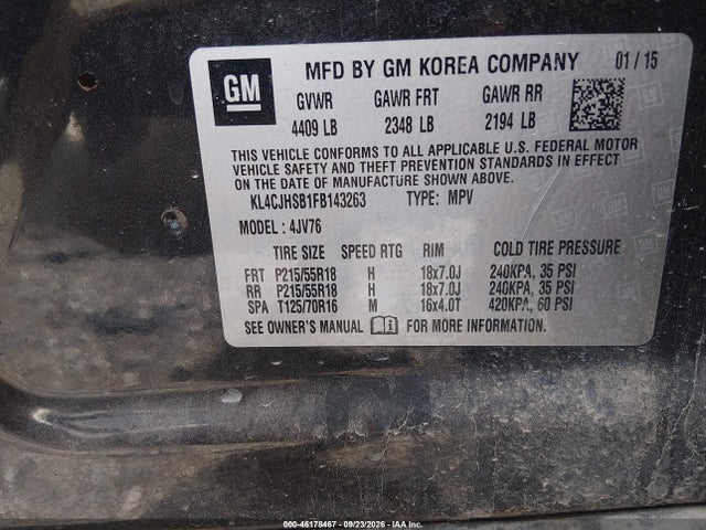 46178467 :رقم المزاد ، KL4CJHSB1FB143263 vin ، 2015 Buick Encore Premium مزاد بيع