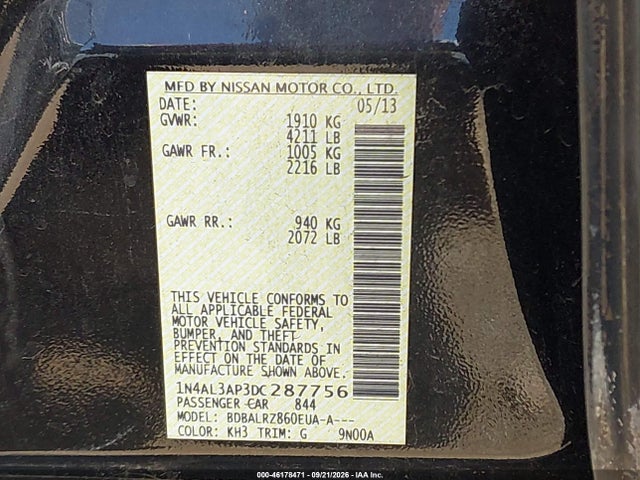 2013 Nissan Altima 2.5 S მანქანა იყიდება აუქციონზე, vin: 1N4AL3AP3DC287756, აუქციონის ნომერი: 46178471