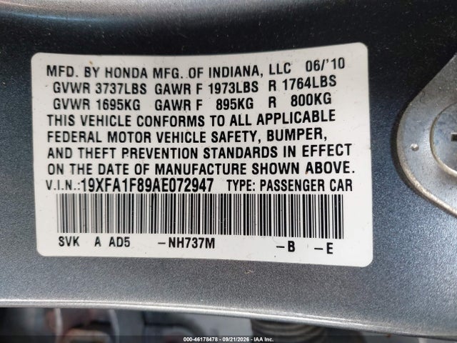 Продаж на аукціоні авто 2010 Honda Civic Ex, vin: 19XFA1F89AE072947, номер лоту: 46178478
